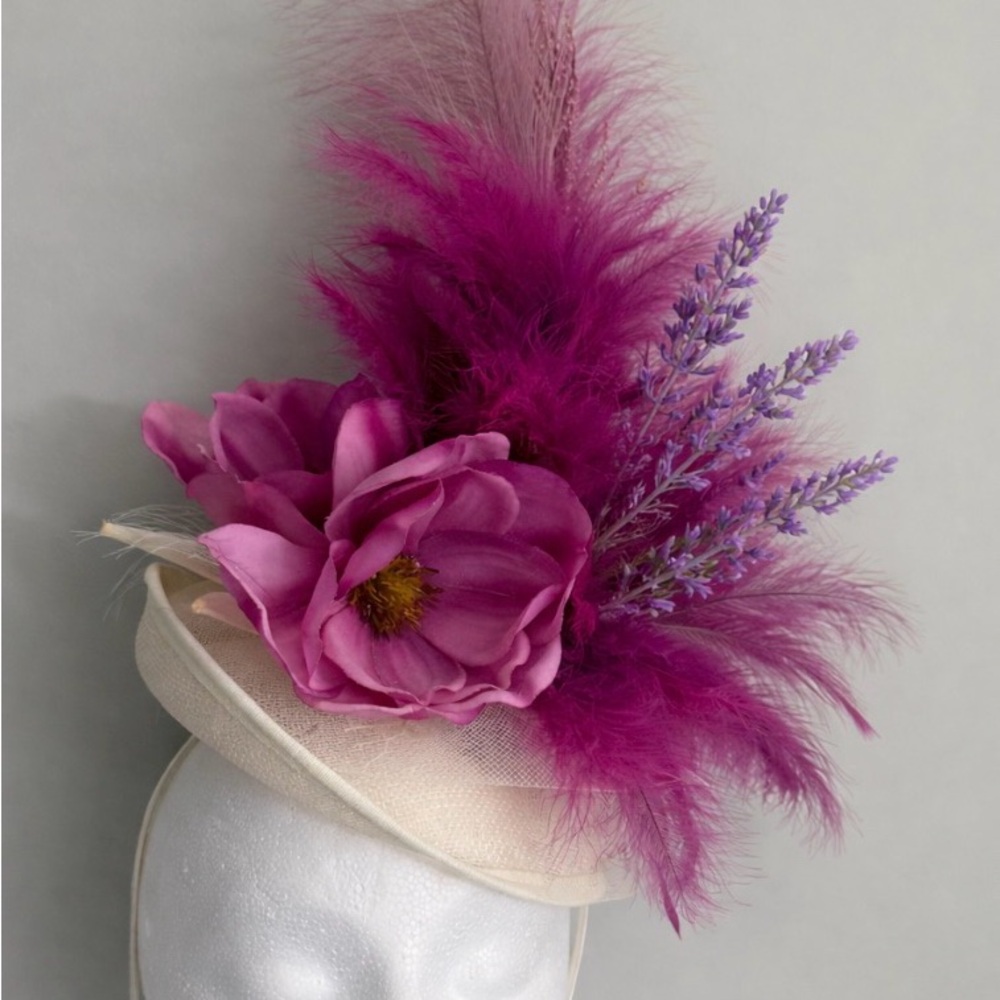 Elegant Floral Fascinator Hat with Fuchsia Feathers and lavender accents